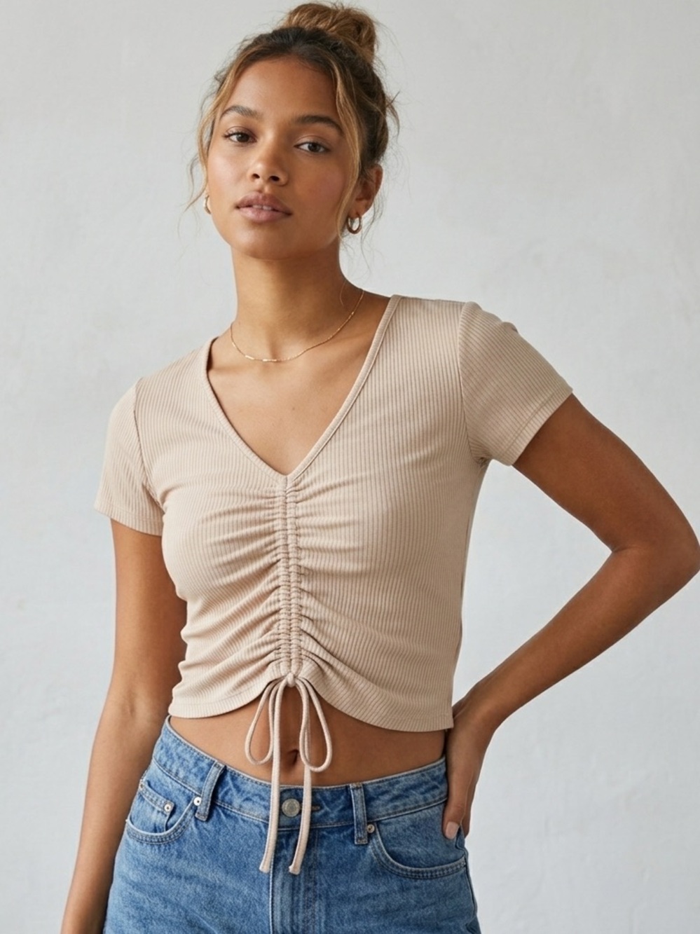 Garage Beige Ribbed Short Sleeve Crop Tee With Drawstring Front Size Large